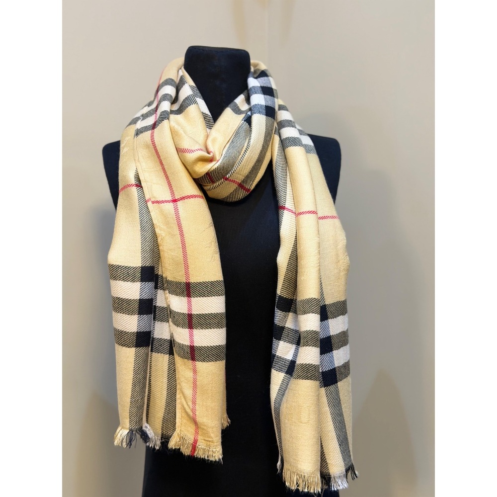Burberry London Scarf Nova Check Cashmere Silk Beige Equestrian Knight Logo